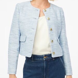 J. Crew Lady Blazer Jacket Cropped Gold Buttons Fresh Air Blue Linear Tweed 4